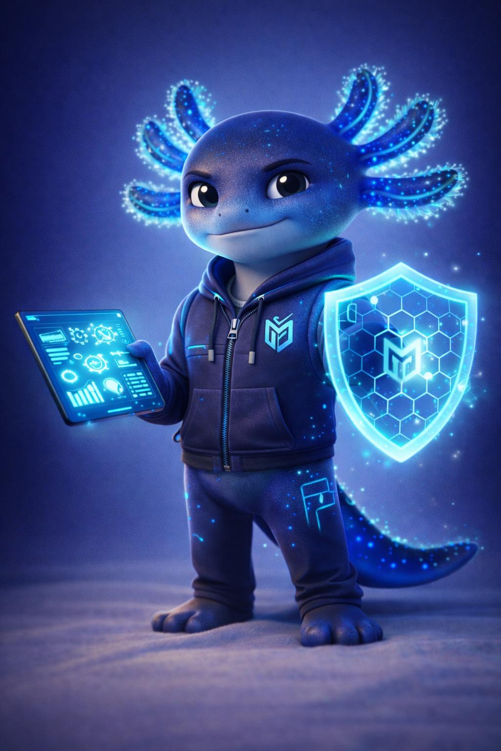 Apollo, mascota de MAXI TECH con escudo digital y panel ejecutivo